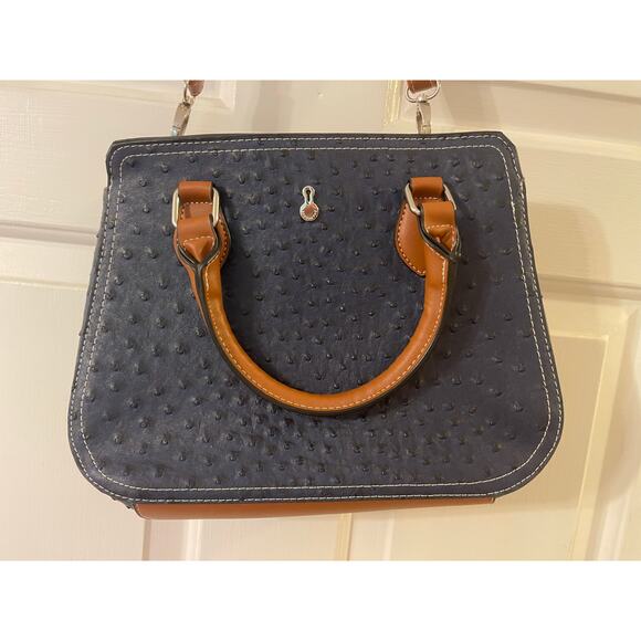 London Fog Handbags - Blue London Fog Faux Ostrich Leather Satchel Bag